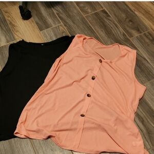 Women's Black and Peach Sleeveless Tops